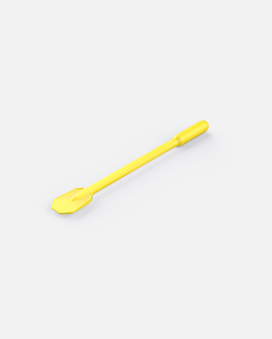 Bright yellow plastic snow shovel with ergonomic grip, side view on white background