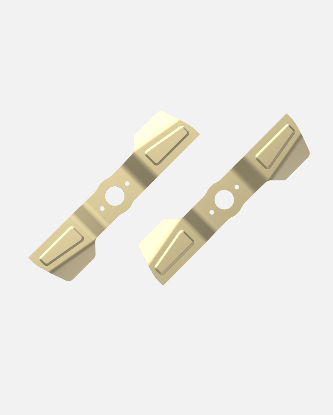 Two gold-colored straight lawn mower blades with bolt holes and reinforced edges, shown side by side on a white background.