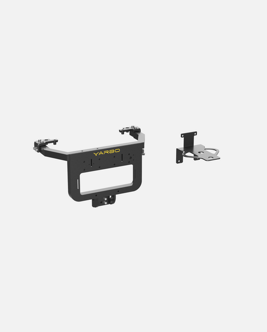 Black metal back brace mount with yellow YARBO logo, featuring adjustable arms and mounting holes, shown with separate wall bracket.