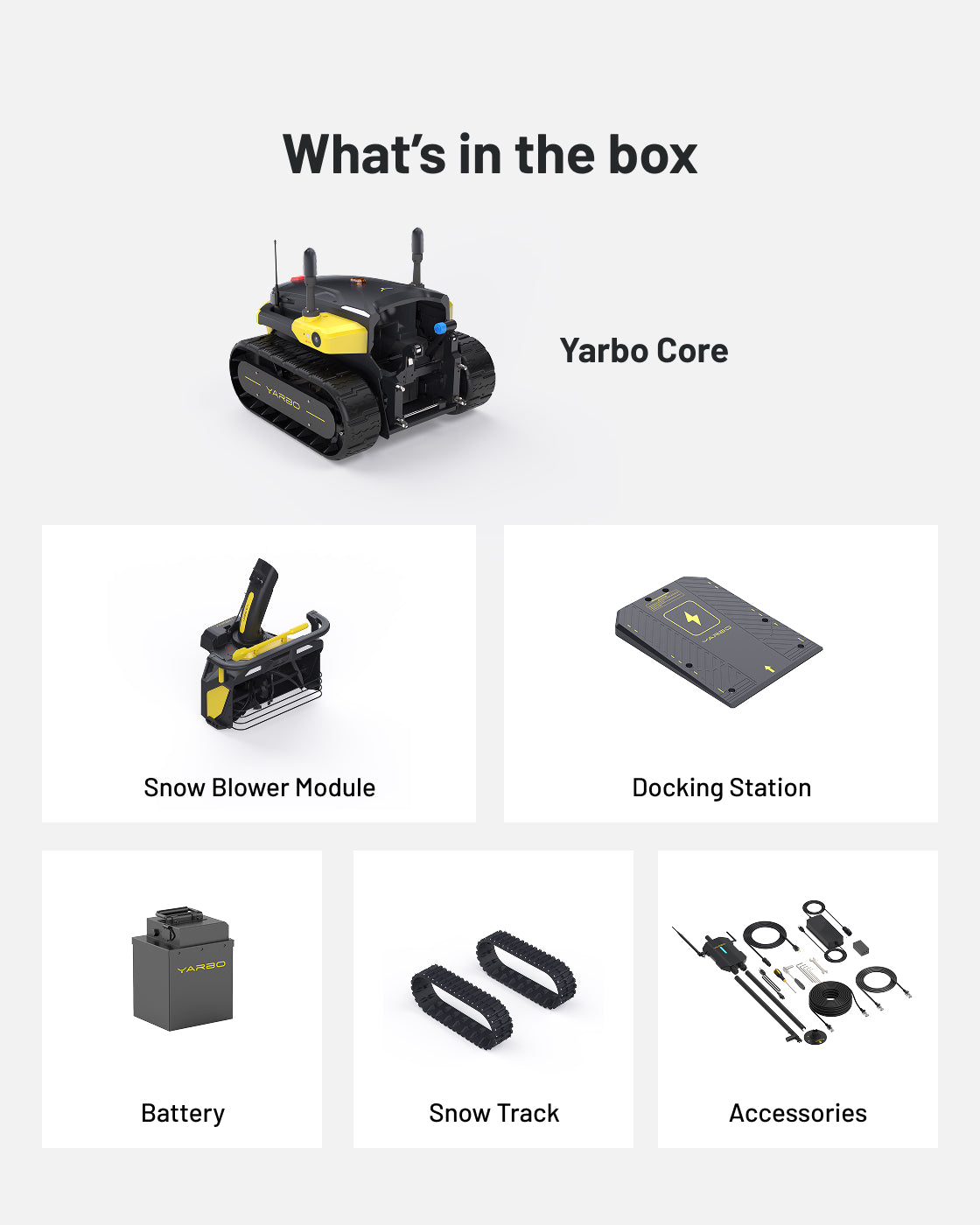Black and yellow snow blower module by Yarbo with tracked base, docking station, battery, and accessories shown in product layout.