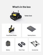 Black and yellow snow blower module by Yarbo with tracked base, docking station, battery, and accessories shown in product layout.