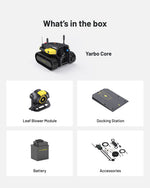 Black and yellow leaf blower module by Yarbo with circular fan, compact design, and attached base, shown in product lineup.