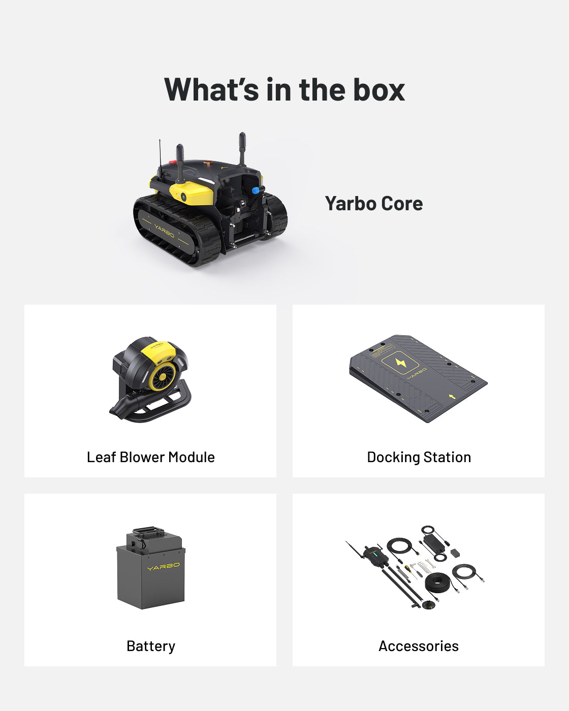 Black and yellow leaf blower module by Yarbo with circular fan, compact design, and attached base, shown in product lineup.