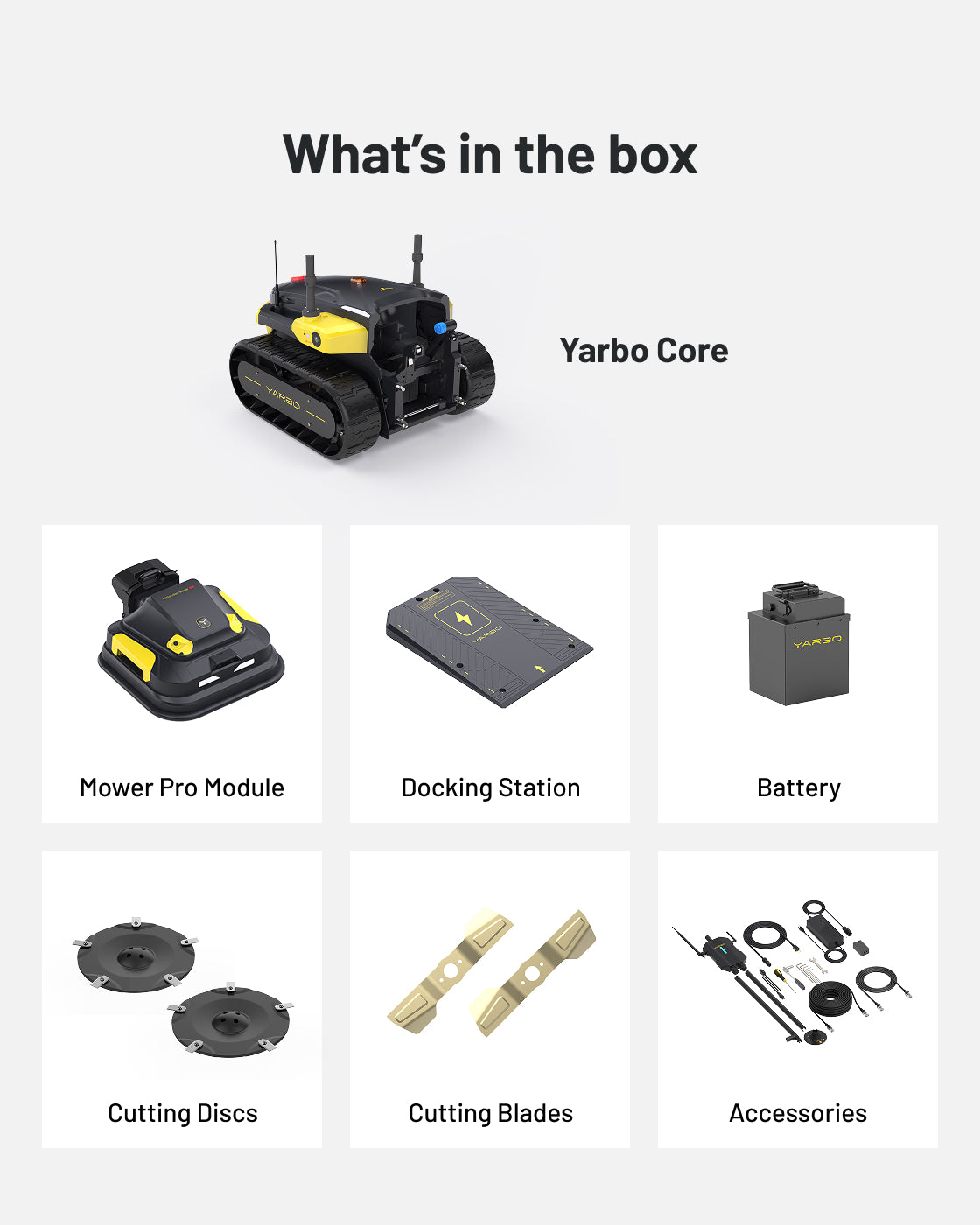 Black and yellow robotic lawn mower with tank treads by Yarbo, shown with docking station, battery, cutting discs, blades, and accessories in product layout.