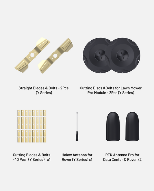 Lawn mower accessory kit by Yarbo featuring straight blades, cutting discs, 40 small blades, Halow antenna, and two RTK antennas, displayed in grid layout