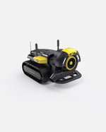 Black and yellow robotic leaf blower by Yarbo with tracked base, front-facing fan, and antenna array, side view on white background