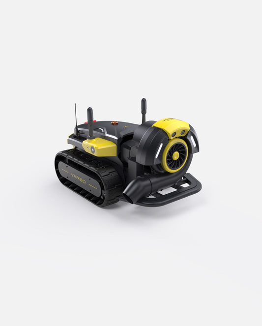 Black and yellow robotic leaf blower by Yarbo with tracked base, front-facing fan, and antenna array, side view on white background