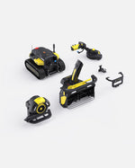 Black and yellow robotic snow blower, blower, and trimmer attachments by Yarbo, shown in overhead product layout with modular components.