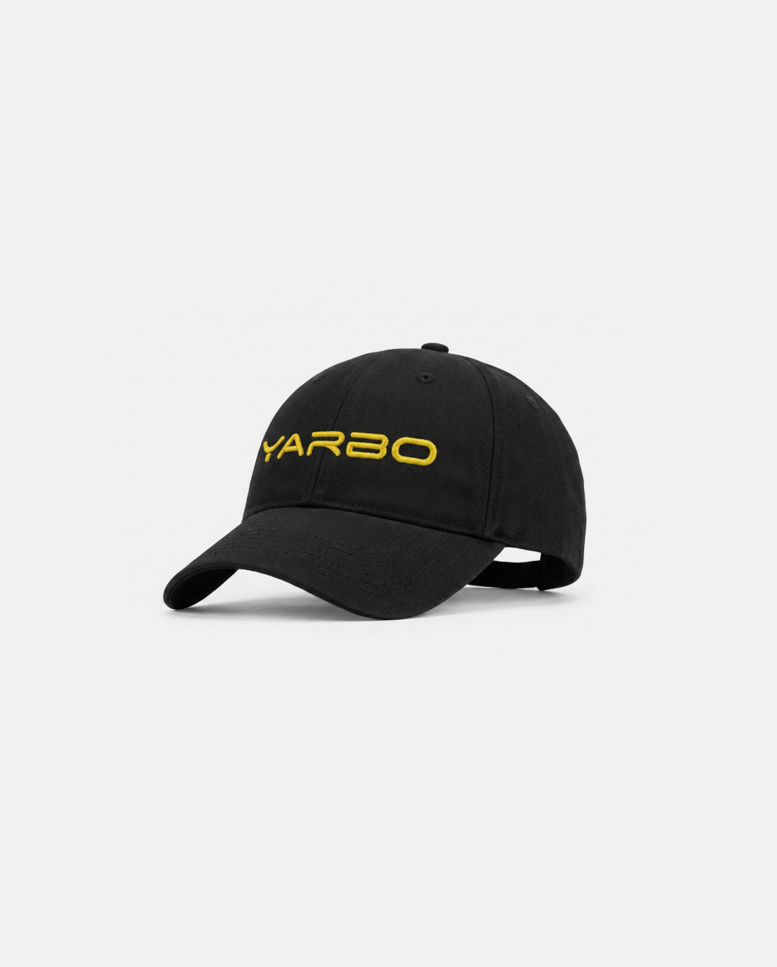 Black cotton baseball cap with yellow embroidered YARBO logo, side view, structured crown and curved brim
