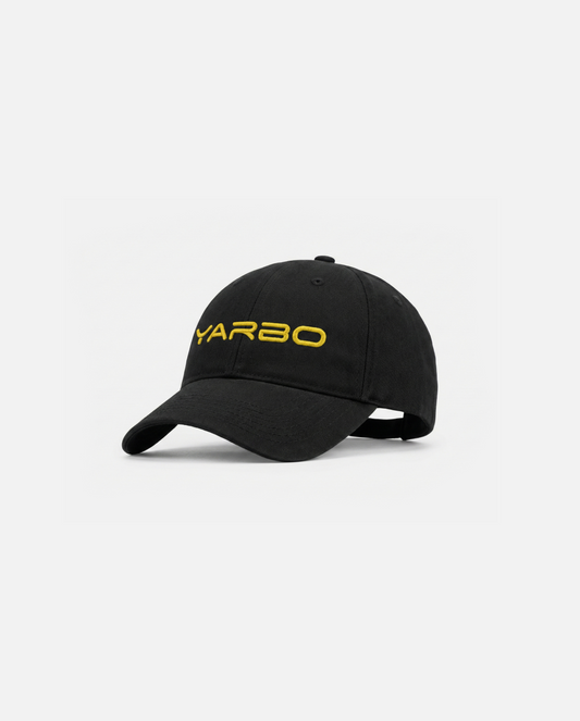 Black cotton baseball cap with yellow embroidered YARBO logo, side view, structured crown and curved brim