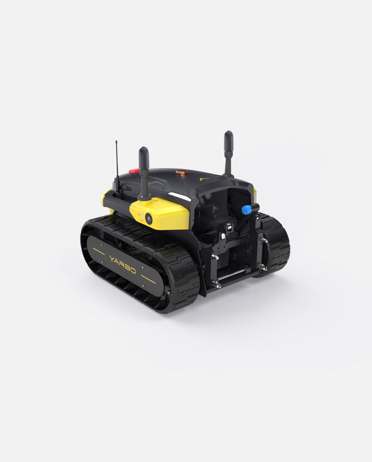 Black and yellow tracked robot with antennas and camera, by Yarbo, side view on white background
