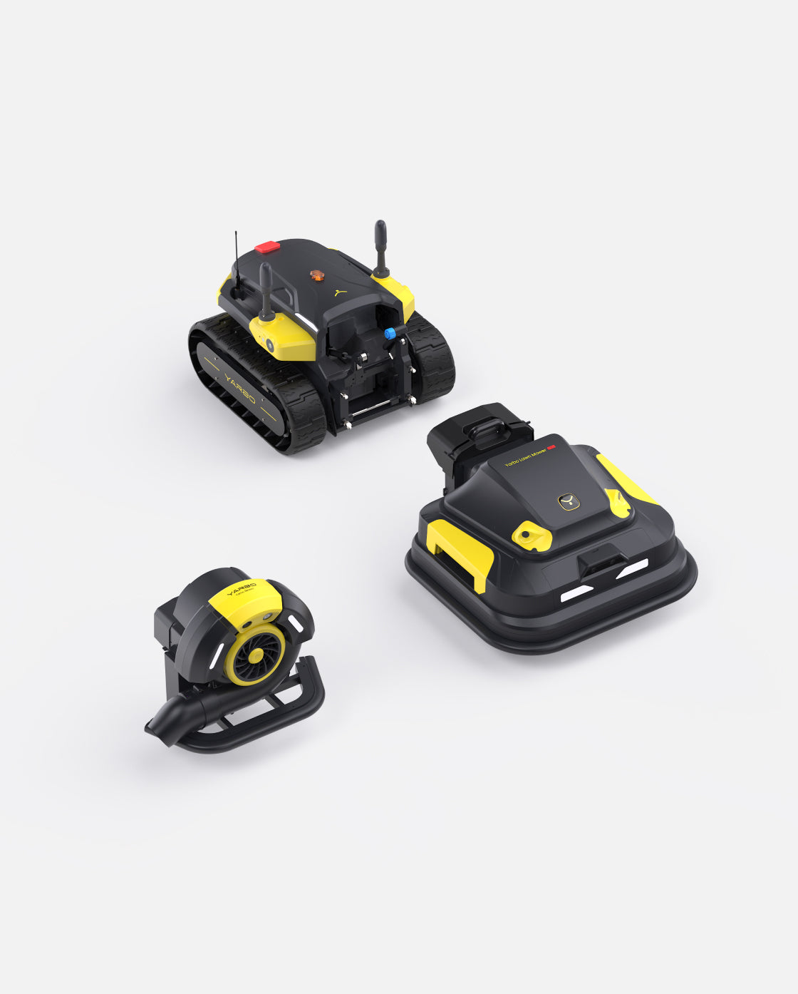 Black and yellow robotic lawn mower with tracked base and blower attachment by Yarbo, shown from multiple angles on white background
