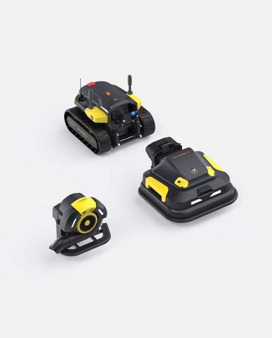 Black and yellow robotic lawn mower with tracked base and blower attachment by Yarbo, shown from multiple angles on white background