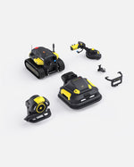 Black and yellow robotic lawn mower, blower, and trimmer package by Yarbo, shown with attachments in overhead view