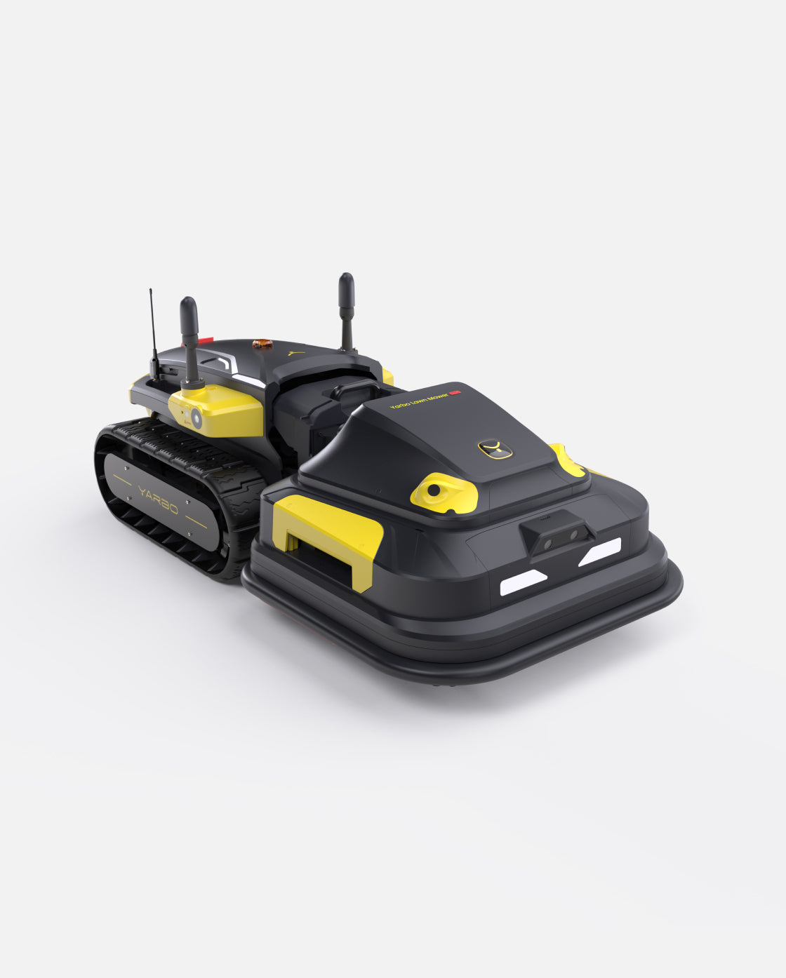 Black and yellow robotic lawn mower by Yarbo with tank-style treads, dual antennas, and front sensors, shown in angled studio view