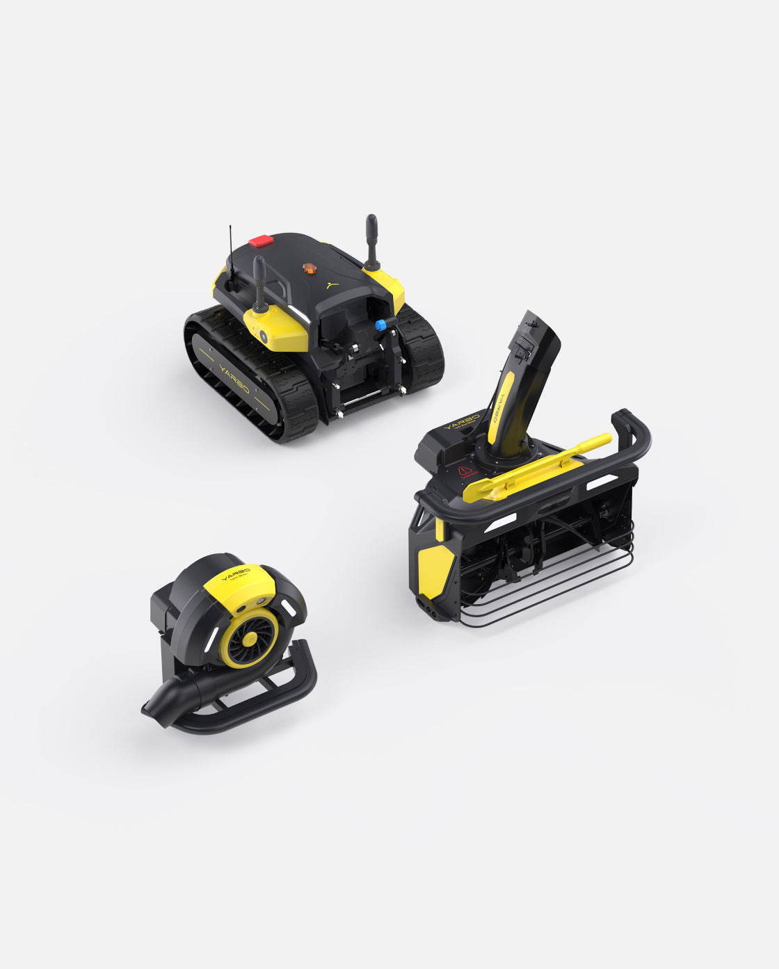 Black and yellow robotic snow blower by Yarbo with tracked base, detachable blower attachment, and compact handheld unit shown in product layout view