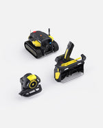 Black and yellow robotic snow blower by Yarbo with tracked base, detachable blower attachment, and compact handheld unit shown in product layout view