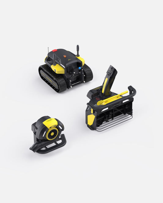 Black and yellow robotic snow blower by Yarbo with tracked base, detachable blower attachment, and compact handheld unit shown in product layout view
