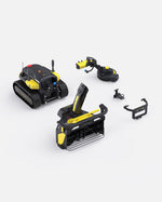 Black and yellow robotic snow blower and trimmer package by Yarbo, featuring tracked base, detachable attachments, and modular design in studio view.