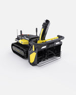Black and yellow tracked snow blower by Yarbo, featuring front chute, control panel, and side-mounted handles, shown in three-quarter view.