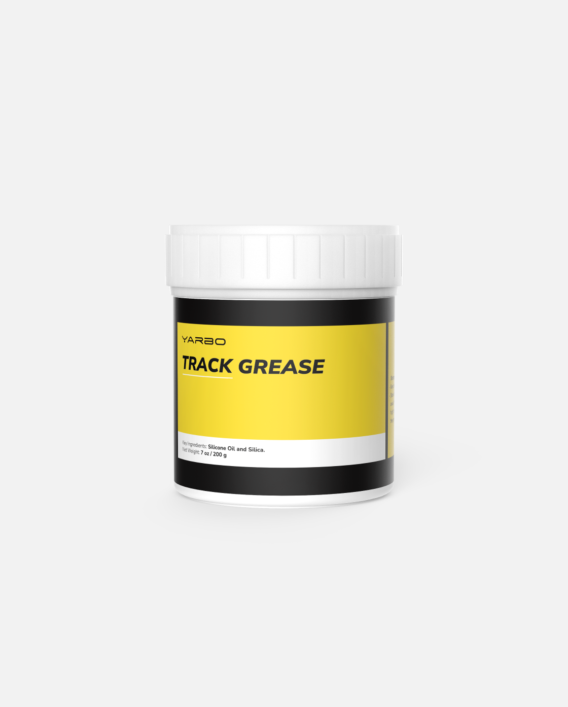 White plastic jar of Yarbo Track Grease with yellow and black label, 200 ml, front view