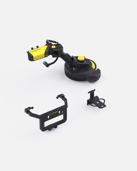 Yellow and black trimmer module with articulated arm by YARBO, shown with mounting brackets in studio view